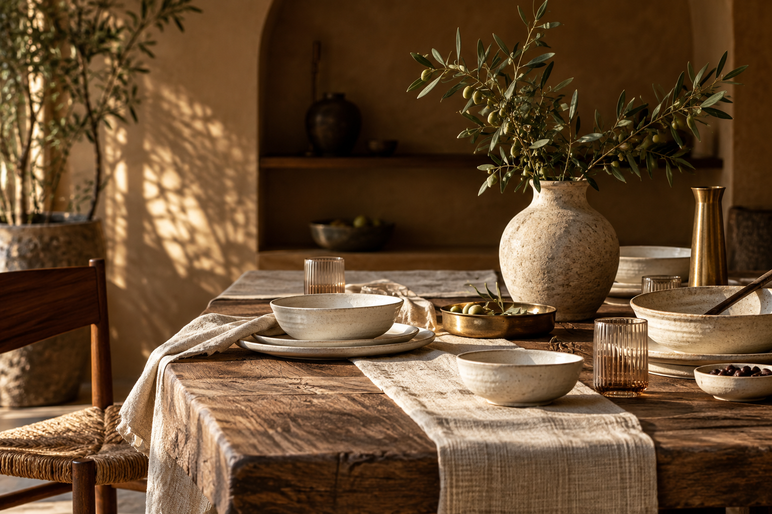 Wohninspiration: Sonnenlicht auf einem gedeckten Tisch mit Keramik, Teegläsern und Olivenzweigen